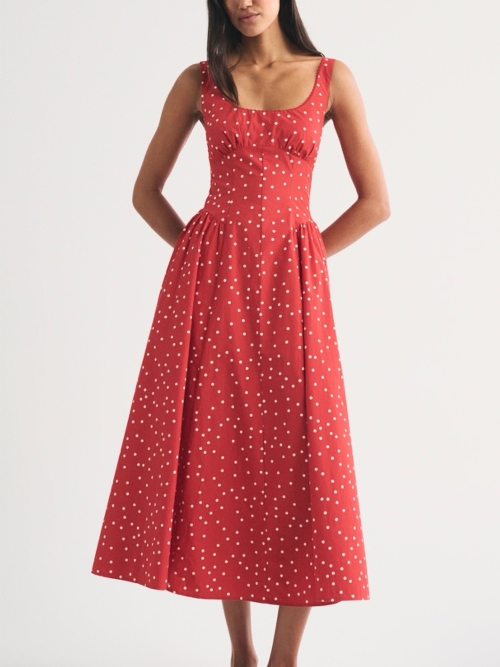 New Red Polka Dot Midi Dress with Scoop Neck - M